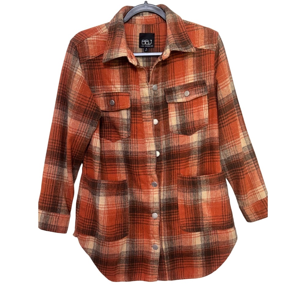 BBJ Los Angeles Orange Plaid‎ Shacket Snap Front Jacket Small JK23883Z
